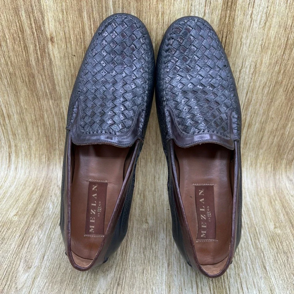 Mezlan Lalo Loafers Men's Size 10 Dark Brown Black Woven Pebbled Leather 6881